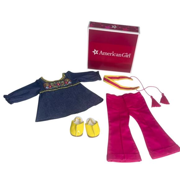 American Girl Julie Doll Tunic Outfit Denim Top Pants Clogs Belt Accessories Box - Picture 2 of 10